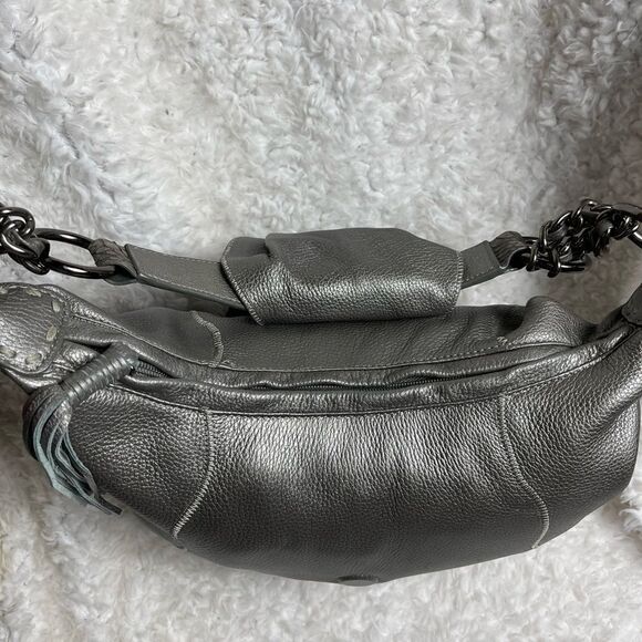 CHI by Carlos Falchil Hobo leather gray shoulder bag with shake skin flap& strap - Picture 11 of 13